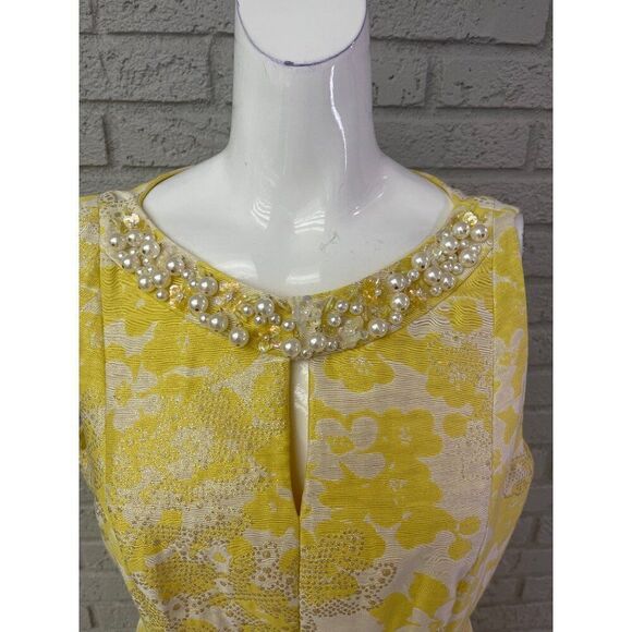 Tahari ASL Yellow White Floral Faux Pearl & Gold Sequin Sheath Dress Size 8 - Picture 2 of 11